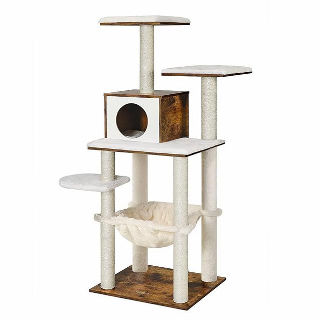 FEANDREA Cat Tree, 54.3-Inch Cat Tower with Scratching Posts, Hammock, Cat Cave, Padded Perches, Wooden Cat Condo, Rustic Brown UPCT164X01