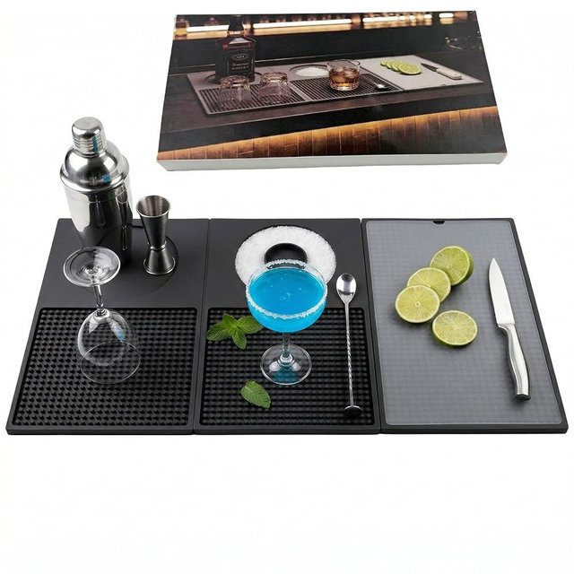 Bar Mat, Bar Accessories, Multifunctional Folding Cocktail Mat with Cutting Board, 22" X 12" Bar Mat for Countertop,Bartending Drying Mats,Bar Decorations for Home, Outdoor Bar Accessories RV (Black)