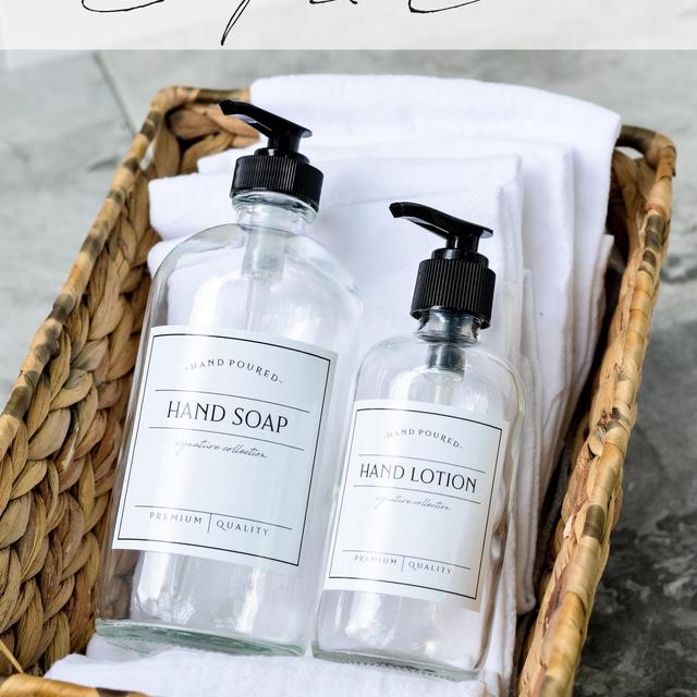 Set of 2 - 16 oz Hand Soap Dispenser and 8 oz Hand Lotion Bottle With Waterproof Label - Refillable Soap Dispenser, FREE SHIPPING