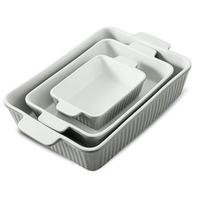 Hasense Ceramic Baking Dishes for Oven, Casserole Dishes Set of 3, Rectangular Lasagna Pans Deep, 9 x 13 Inches Baking Pan with Handle, Easy to Clean, Mother's Day Gift, Grey