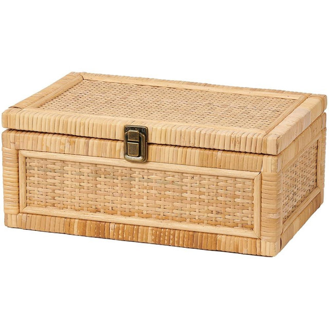 VinneGenzz Rattan Box with Lid Decorative Natural Handmade Boho Rattan Baskets Woven Wicker Cane Bins Keepsake Memory Jewelry Boxes Rectangular Desk Shelf Closet Organizer Container (Large Size)