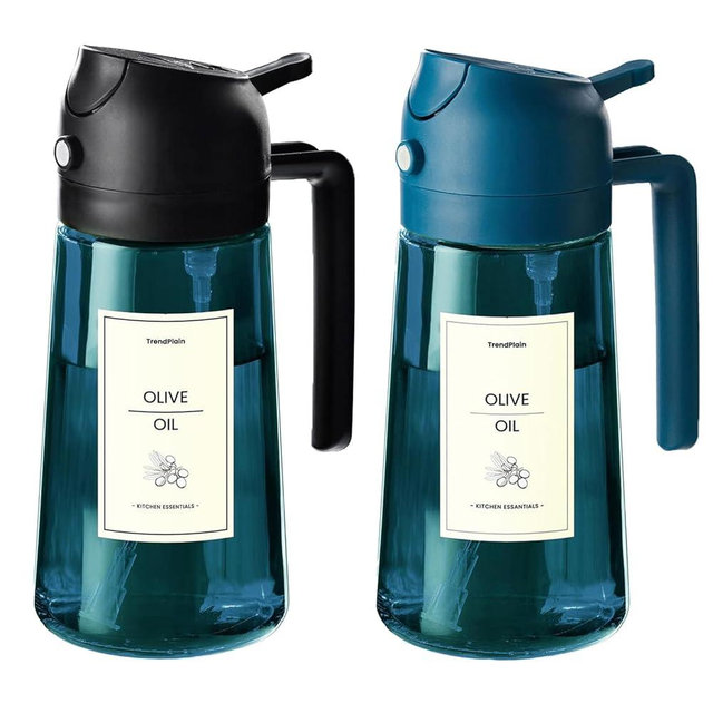 TrendPlain 16oz/470ml Blue Glass Olive Oil Sprayer for Cooking - 2 in 1 Olive Oil Dispenser for Kitchen Gadgets, Air Fryer, Salad, and BBQ (1 Pack, Black & Navy)