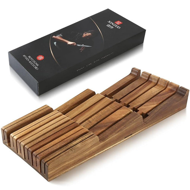 XINZUO In-drawer Knife Block, Natural Acacia Knife Drawer Oganizer, Insert-Kitchen Storage Holder, 11 Slots, Holds up to 11 Various Size Knives, Countertop Saving&Knife Protective