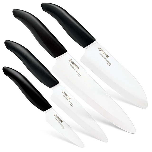Kyocera Advanced Ceramic Revolution 4-piece Knife Set: Includes 7" Chef's Santoku, 5Santoku, 4.5" Utility & 3" Paring-black Handle W/ White Blades