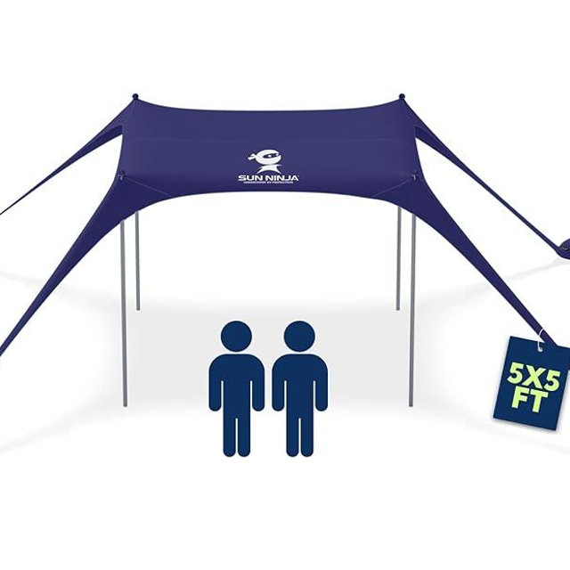 SUN NINJA Beach Tent Sun Shelter UPF50+ - Easy Pop Up Beach Canopy - Outdoor Shade for Camping Trips, Fishing, Backyard Fun Picnics - Sand Shovel, Ground Pegs & Stability Poles