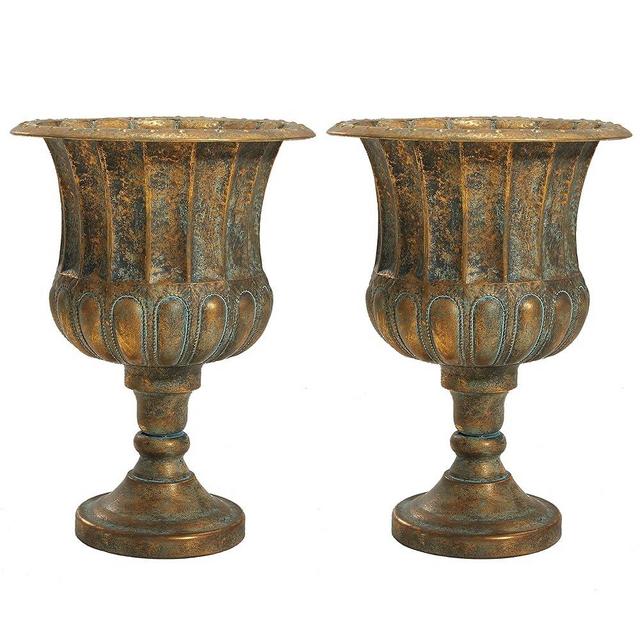 Worth Garden 24.5" H. Metal Urn Planters 2-Pack - Bronze Classic Antique Iron Plant Pots - Large Decorative Rustic Flower Pots for Outdoor Use - Traditional Urn Planter for Garden, Patio, Front Porch