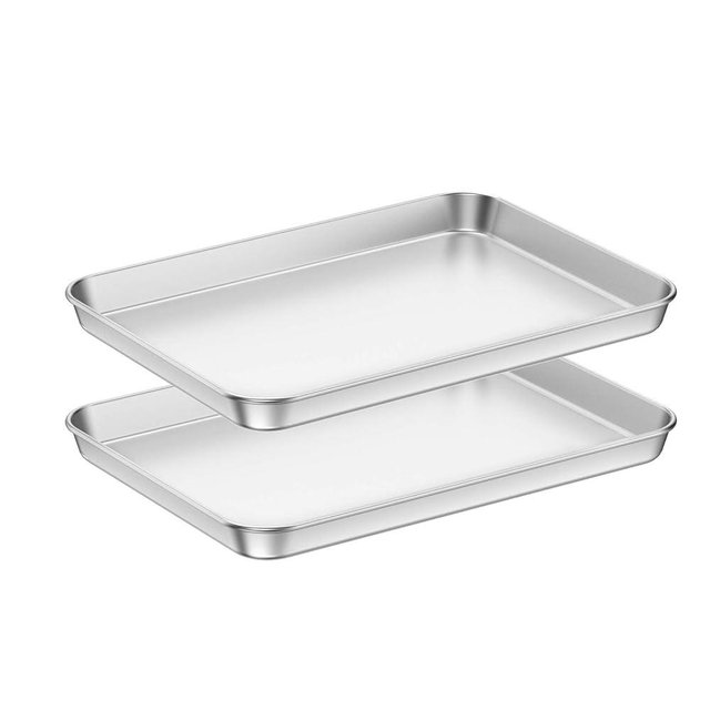 Baking Sheets 2 Pieces, Bastwe Cookie Sheets Set Stainless Steel Baking Pans Toaster Oven Tray Pans, Rectangle Size 12 × 10 × 1 inch, Rustproof & Healthy & Easy Clean & Dishwasher Safe