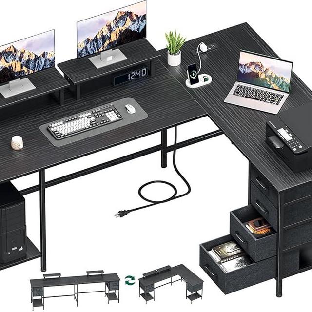 Korfile 66" L Shaped Computer Desk, 94.4'' Home Office Desk with Power Outlets, 4 Adjustable Storage Drawers & 2 Monitor Stands, Large Two Person Gaming Table for Writing Study, Black