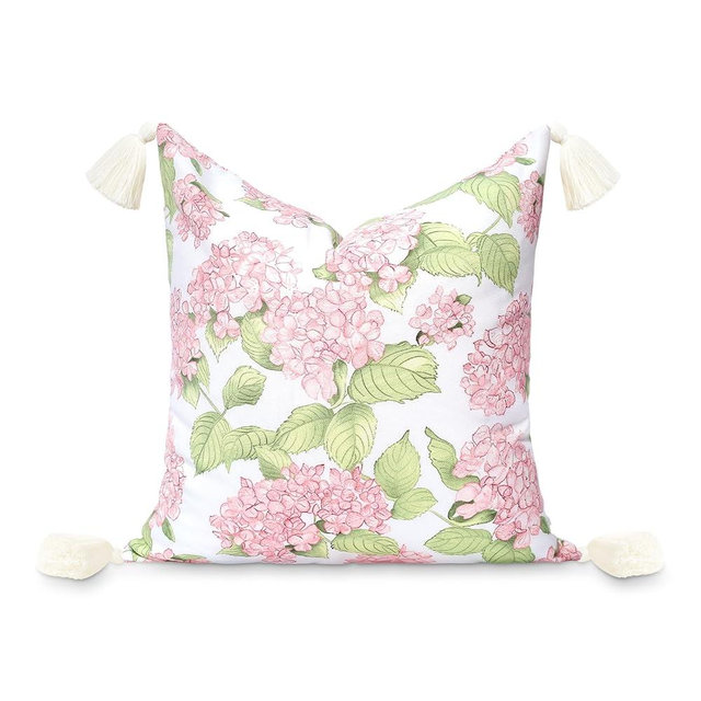 Hofdeco Premium Coastal Patio Indoor Outdoor Throw Pillow Cover Only, 18"x18" Water Repellent for Backyard, Couch, Blush Pink Green Print Sketch Hydrangea Flower