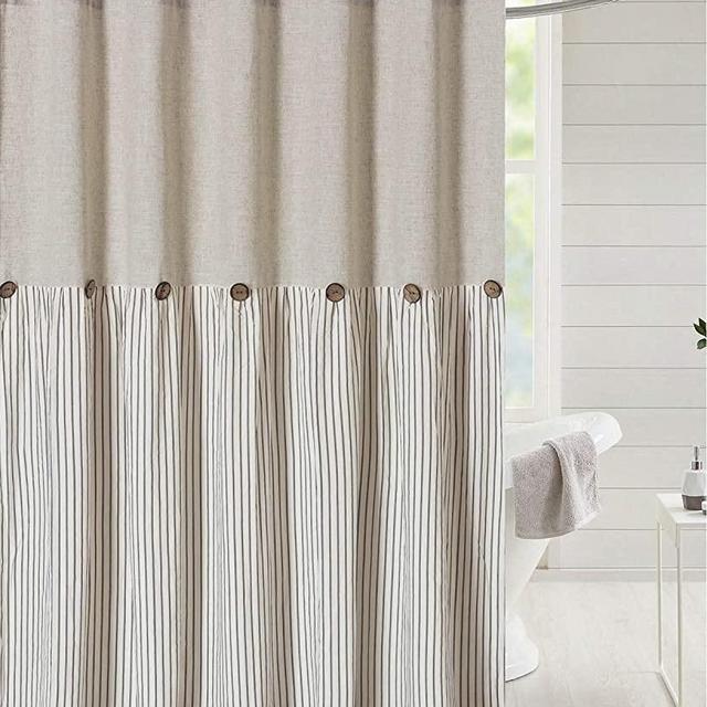 DOSLY IDÉES Linen Button Farmhouse Beige Shower Curtain,Linen and Cotton Fabric,Pleated Gray Stripe,Country Style,72x78 in