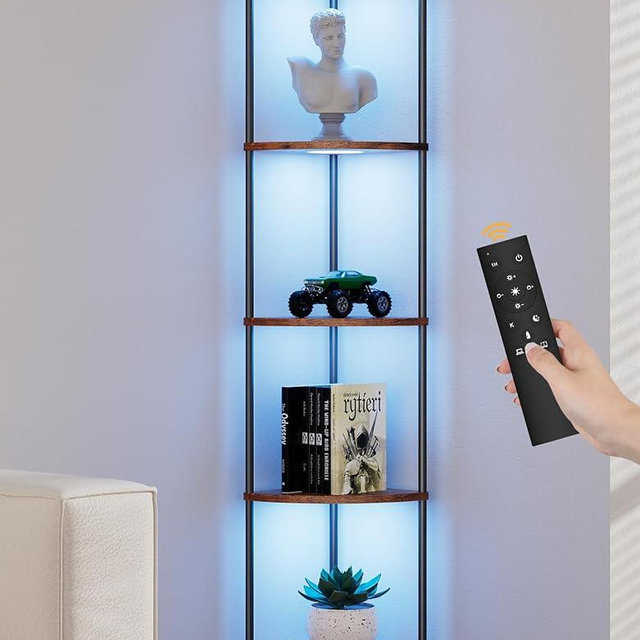 Corner Shelf with RGBCW LED Light, 64.5” Tall Floor Lamp Narrow Bookshelf Organizer, Standing Shelves with Metal Pole, Display Storage Rack for Wall Corner, Living Room, Bedroom, Office Décor, Brown