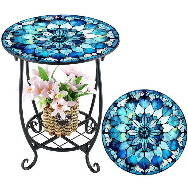 Cinnvoice Outdoor Side Table Round Small Mosaic Patio Accent Indoor End Plant Coffee Tea Table for Yard Patio Porch Garden Living Room, Bedroom(Mandala Flower Style,14 Inch)