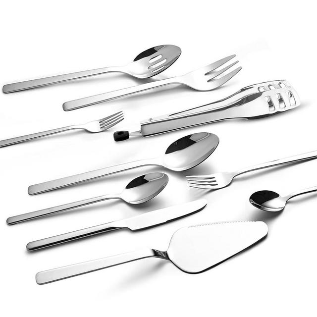 KINGSTONE Silverware Sets with Serving Utensils, 65 Piece Flatware Set for 12, 18/10 Cutlery Set with 5 Pieces Serving Utensil Set Modern and Original Design Dishwasher Safe