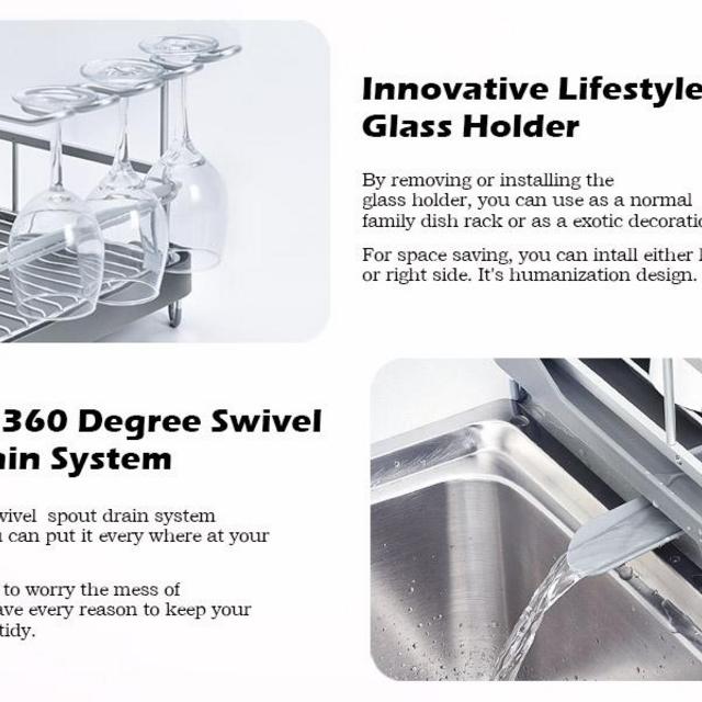 KINGRACK Aluminum Dish Rack, Dish Drying Rack with Anti-Rust Frame, Unique 360° Swivel Spout Drain Board Design, Cutlery Holder, Removable Wine Glass & Cup Holder for Kitchen Countertop, Grey