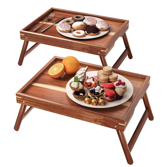 Fibogollo 2 Pack Acacia Wood Bed Tray Table with Folding Legs,Breakfast Trays,Serving Tray for Food and Snack,Laptop Trays for Working(Natural)