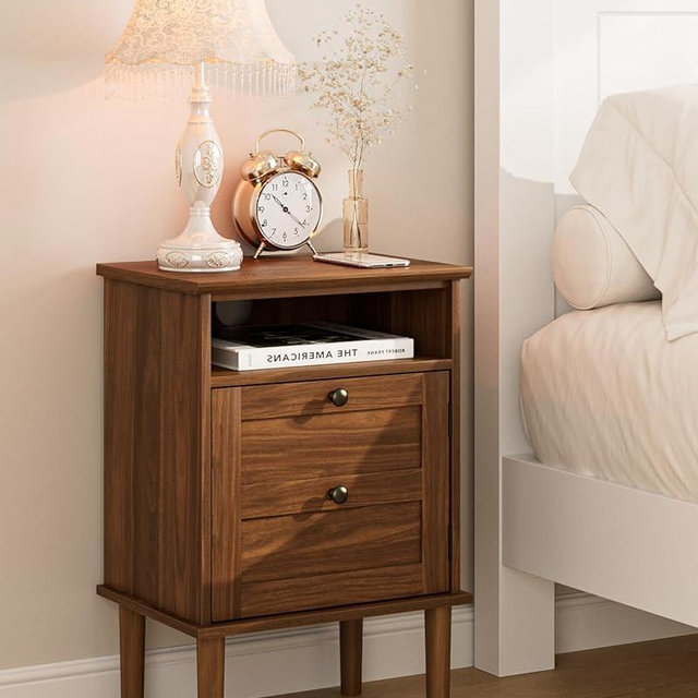 Apetaccat Nightstand, Boho Night Stand with 1 Drawer, Modern Side Accent Table with Open Shelf, Wooden Top Bedside End Table for Bedroom, Living Room, Walnut