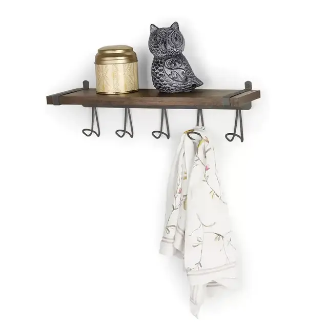 Vintage Wall Mount 5-Hook Wood Shelf in Industrial Gray