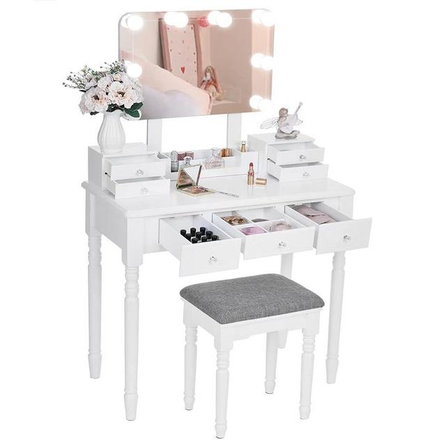 ANWBROAD Makeup Vanity Desk Vanity Set with Lighted Mirror Makeup Vanity Desk Table Set Large 8 LED Bulbs Frameless Mirror 3 Colors Modes Dimming Cushioned Stool 7 Drawers 3 Dividers White UBDT03W