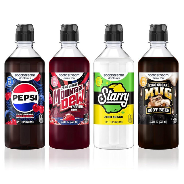 SodaStream Pepsi Wild Cherry Zero, MTN Dew Code Red Zero, Starry Zero & Mug Root Zero New Pour Bottle, Variety Pack 440ml (Pack of 4)