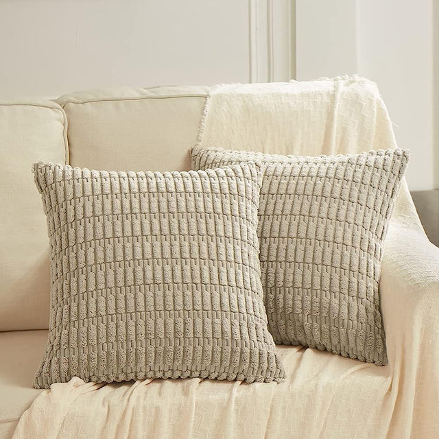 Fancy Homi 2 Packs Taupe Decorative Throw Pillow Covers 18x18 Inch for Living Room Couch Bed Sofa, Rustic Farmhouse Boho Home Decor, Soft Striped Corduroy Square Cushion Case 45x45 cm