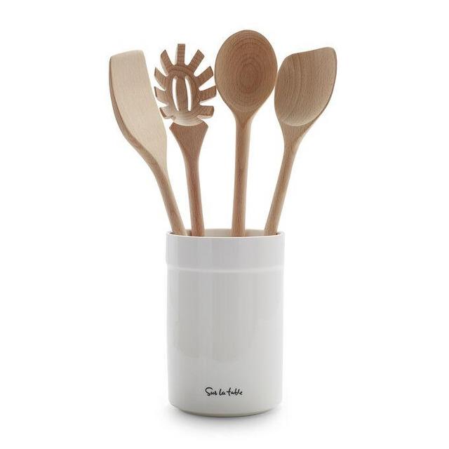 Beechwood Tools with Ceramic Crock, Set of 5