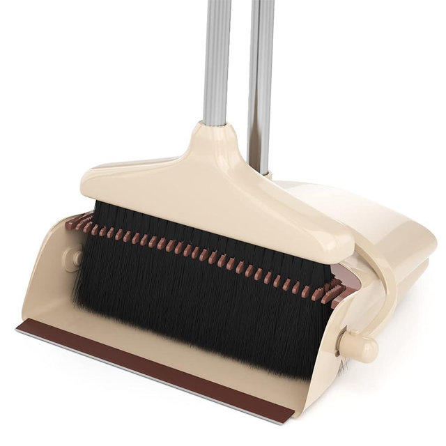 Broom and Dustpan Combo Set with Long Handle (54” L) Angle Broom Dust Pan for Home Kitchen Indoor Cleaning (Brown and Beige)