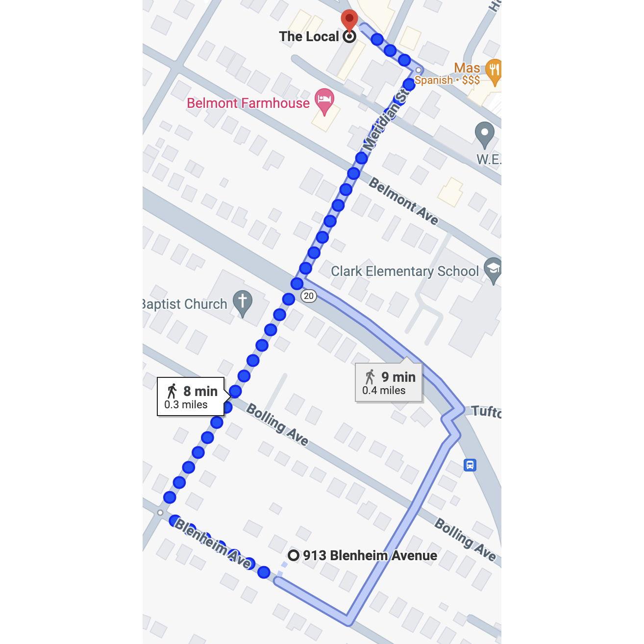 Walking directions from the wedding venue to The Local (reception)