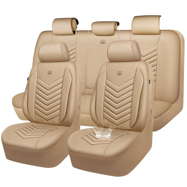 CAR PASS 3D Foam Faux Leather Car Seat Covers Full Set,Waterproof Tan Leather Seat Cover for Cars,Luxury Universal Fit Anti-Slip for SUV Truck Sedan Automotive,Armrest Airbag Compatible,All Beige