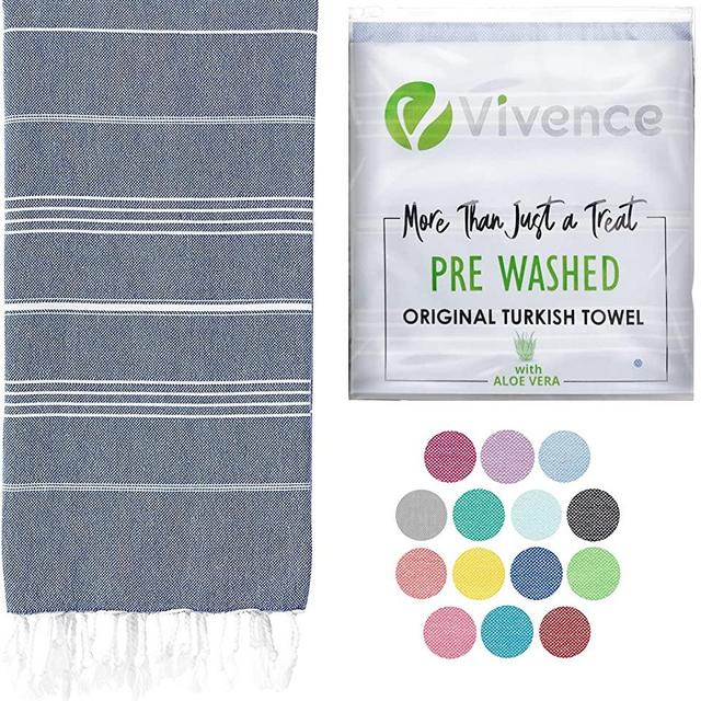 VIVENCE Certified 100% Organic Cotton Turkish Beach Towels Infused with Aloe Vera (38"x72") - Sand Free and Oversized Beach Towels for Adults, Kids - Fast Drying, Prewashed Turkish Towels - Navy