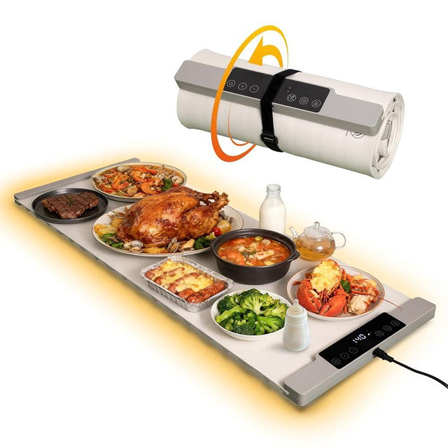 Warming Mat for Food Extra Large 35.4”x13.4” 7 Temperature Settings Silicone Food Warming Mat Roll up Food Warmer with Full Surface Heating Warming Pad Electric Warming Tray for Buffets Party Home