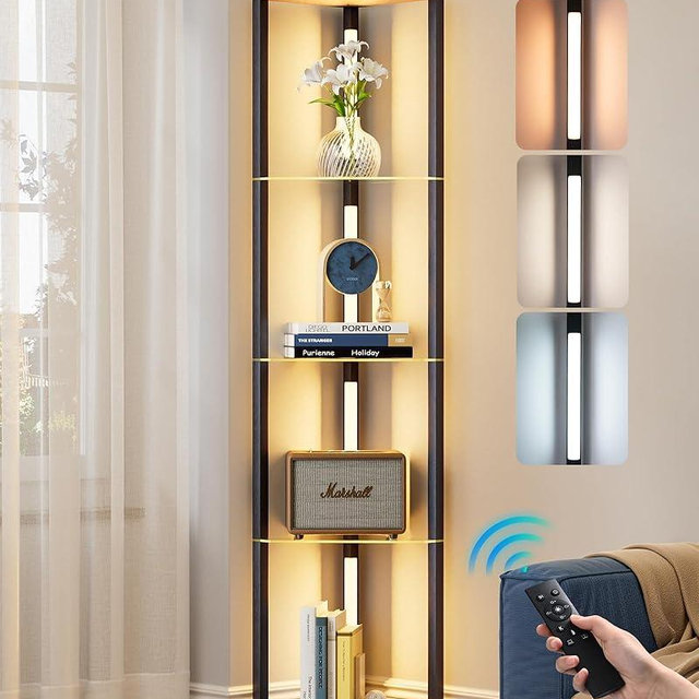 EDISHINE Floor Lamp with Shelves, 5-Tier Glass Display Shelf with Remote/Foot Control, 5CCT & Dimmable Corner Shelf Lamp, Open Display Cabinet, Floor Lamps for Living Room, Bedroom, Black