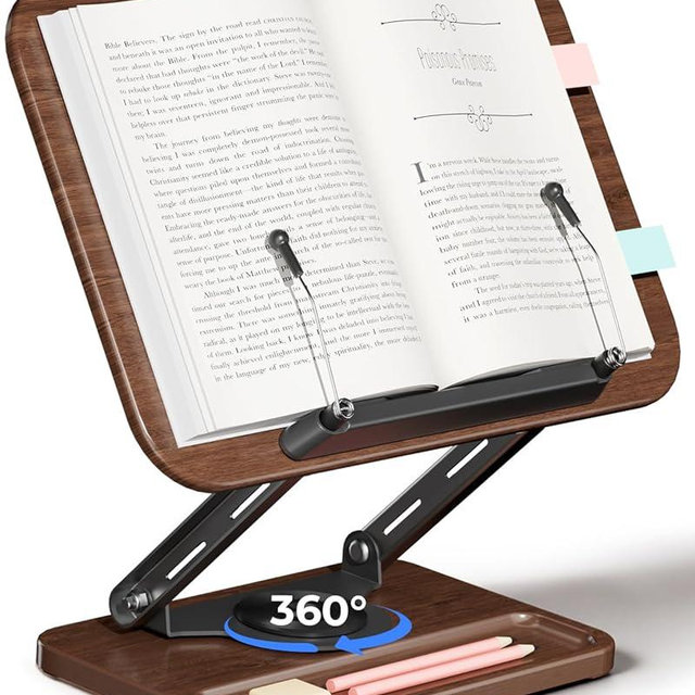 Viozon Book Stand for Reading, Book Holder 360° Rotating Base with Pen Slot, Foldable Reading Display Stand with Elastic Page Clips for Cookbook, Recipe, Textbook, Tablet, Laptop.