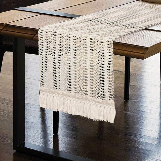 OurWarm Macrame Table Runner, Cotton Crochet Lace Boho Table Runner, Woven Table Runner with Tassels for Bohemian Wedding Bridal Shower Home Rustic Farmhouse Dining Table Decor, 12 x 72 Inch