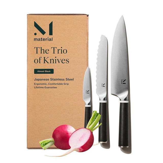 Material Knife Trio, Carbon Stainless Steel Japanese 3 piece set Chef Knife, Serrated Knife, Paring Knife, Razor-Sharp Strong Blade, Almost Black