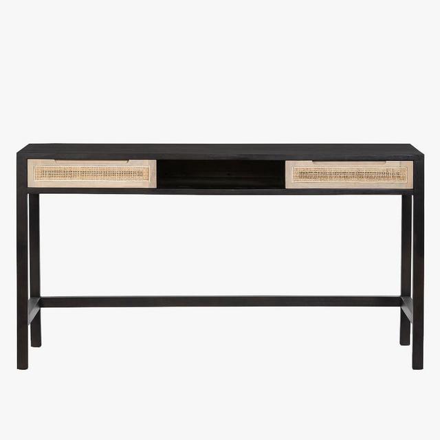 Dolores 58" Cane Writing Desk with Drawers, Black