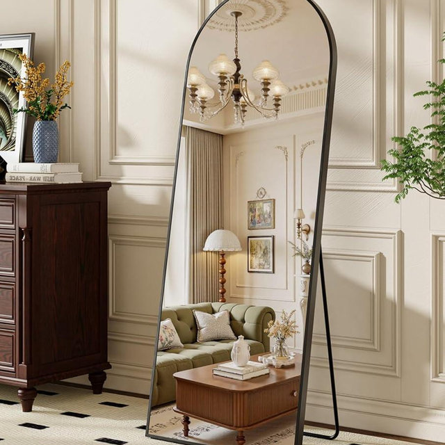 Krymnar 57"x21" Arched Full Length Mirror, Brushed Black Aluminum Frame Floor Mirror with Stand, HD Shatterproof Glass & Rust-Proof Body Mirror for Bedroom, Living Room, Bathroom, Entryway
