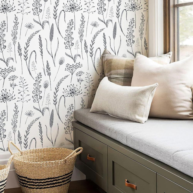 JiffDiff Black and White Peel and Stick Wallpaper Vintage Floral Contact Paper Wheat Meadow Removable Self Adhesive Wall Paper 17.3in x 19.7ft