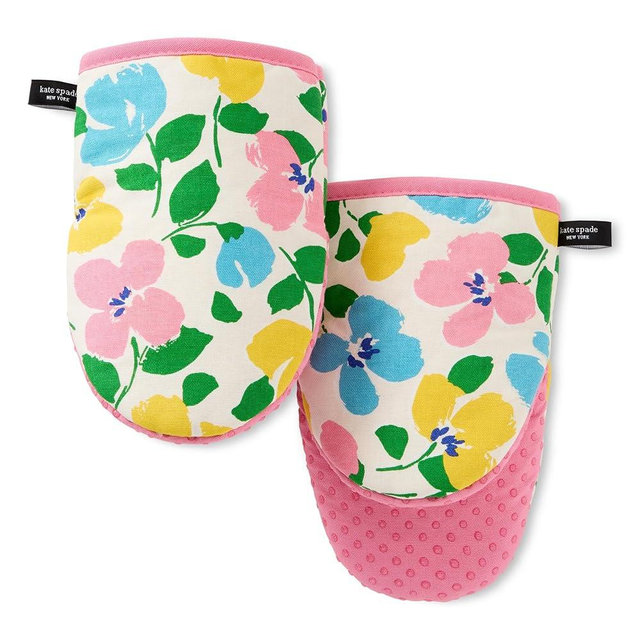 Kate Spade New York Painterly Bouquet Mini Oven Mitt 2-Pack Set, Heat Resistant, 100% Cotton with Printed Non-Slip Silicone Grip, Pink/Green/Blue, 5.5"X8"