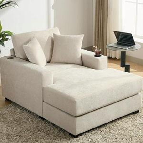 43.5" Oversized Chenille Fabric Chaise Longue Indoor, Modern Comfy Thicked Upholstered Sofa Couch with Pillows, Charge Station & Cup Holders, Comfy Reclining Sleeper Chair (Cream/43.5")