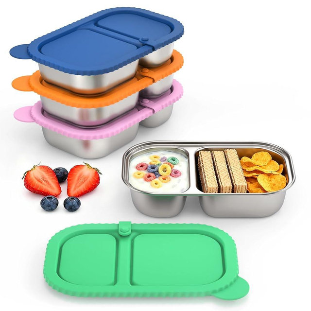 LZC LADYS GIFT 4 Pack Stainless Reusable Steel Snack Containers, Capacity Upgrade 2 Compartment Snack Containers with Lids, Reusable Food Storage Containers with Lids for Travel, Outdoor, Camping