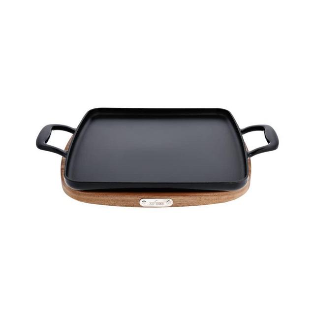 All-Clad Cast Iron Square Grill with Acacia Trivet 11 Inch Induction Oven Broil Safe 650F Pots and Pans, Cookware Black