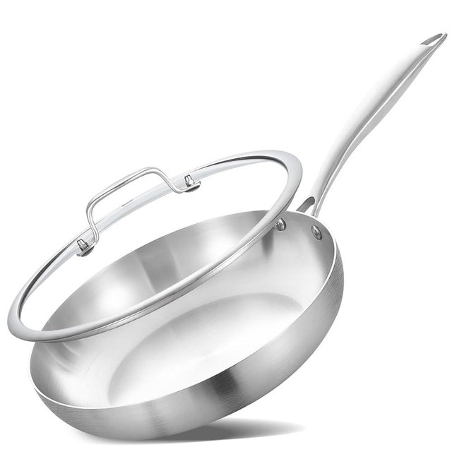 LOLYKITCH 8 Inch Tri-ply Stainless Steel Frying Pan with Lid,Small Skillet,Induction Cooking Pan,Dishwasher and Oven Safe,Riveted Handle.