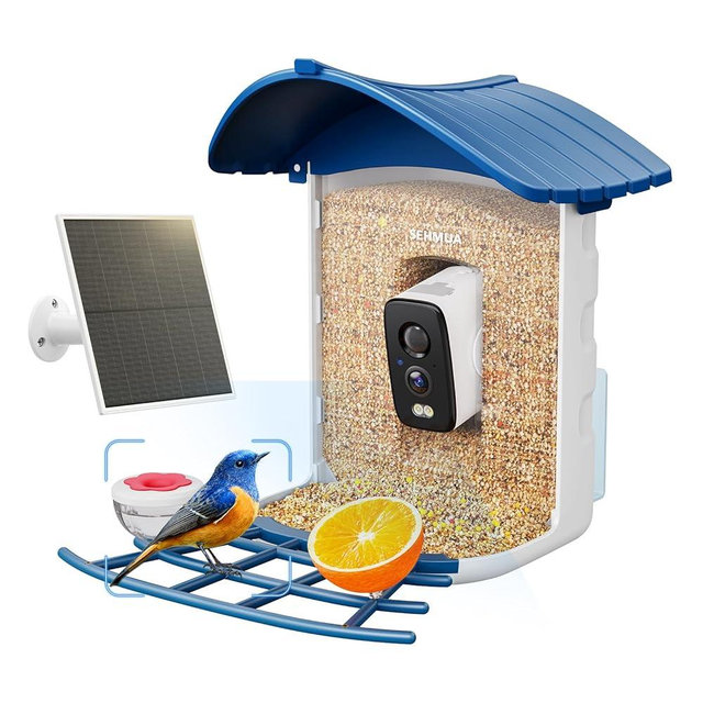 SEHMUA Bird Feeder with Camera, Solar Powered, AI Identify 10,000+ Species, Smart Bird Feeder with Live View, Ideal Present, 2.4GHz WiFi, Blue