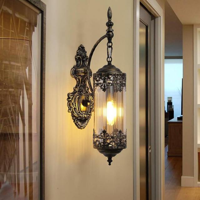 RONGHUAFUGUI Rustic Wall Sconce Vintage Wall Lamp with Amber Glass Retro Gothic Wall Lighting Metal Gold for Bedside Living Room Hallway Entryway Bar Foyer