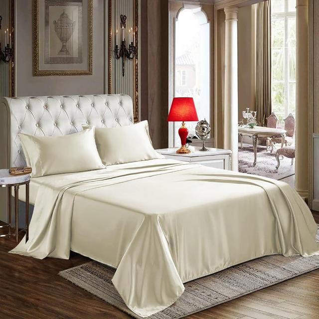 CozyLux Satin Sheets King Size - 4 Piece Beige Bed Sheet Set with Silky Microfiber, 1 Deep Pocket Fitted Sheet, 1 Flat Sheet, and 2 Pillowcases - Smooth and Soft