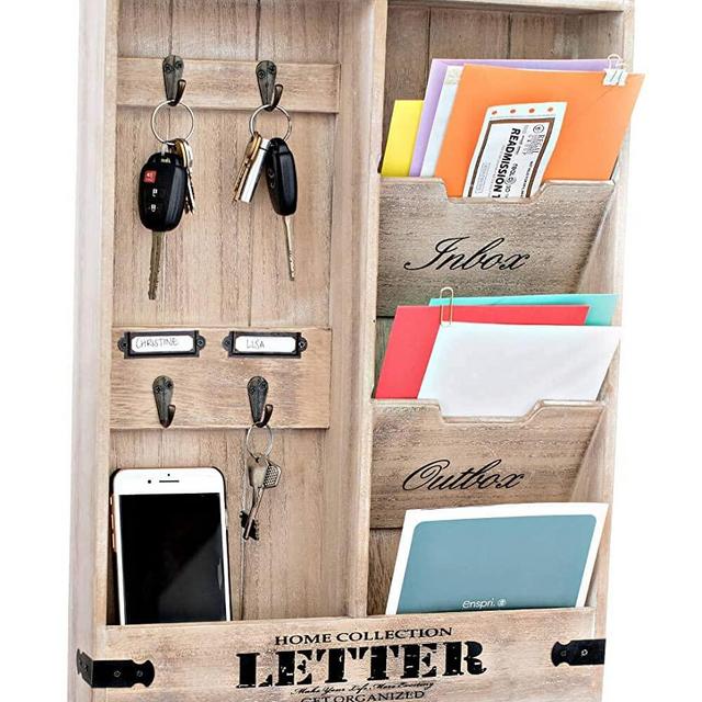 25DOL Rustic Mail Organizer Wall Mount and Key Holder for Wall, Home Office Organization. 19 x 14 Inch Entryway Organizer. Distressed Wood Mail Sorter Letter Holder. Wall Mounted with Hooks.