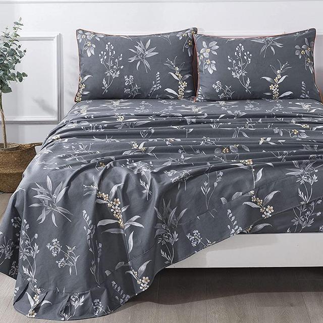 FADFAY Gray Sheet Set Floral Flower Leaves Pattern Printed Dark Grey Soft Premium 100% Cotton 600 TC Shabby Vintage Bedding Deep Pocket Fitted Sheet 17.5inch (4pcs, King Size)