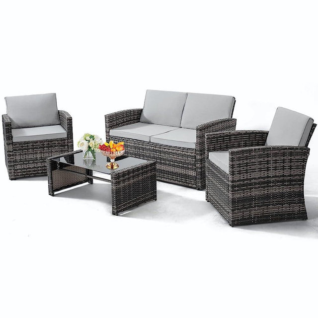 KROFEM 4 Pieces Rattan Patio Furniture Set，Outside Sectional Conversation Cushioned Sofa Set, Wicker Sofa Ideal for Garden, Porch, Backyard, Grey Frame and Light Grey Cushion (No Ottomans)
