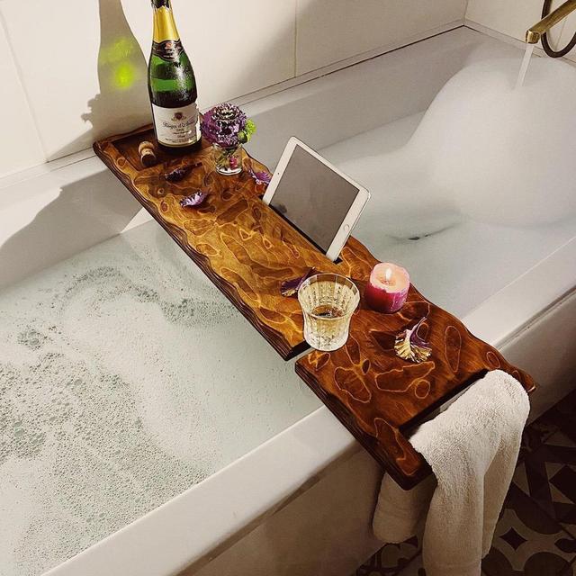 Wooden Bath Caddy, Tray With Wine Holder Live Edge Solid Character Rustic Pippy wood Bespoke Rustic Bath Caddy Bath Board Bath Tray Bathtub