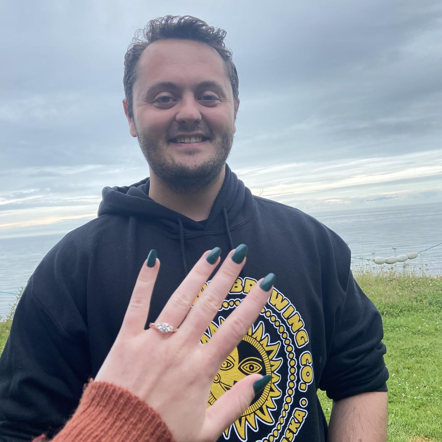 Engaged on a private beach, during their stay at a cabin in the Kenai Peninsula (Kalifornsky Beach).